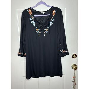 Bleuh Ciel Black Lace up Embroidered Tunic Size Small